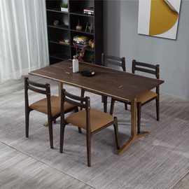 北欧进口橡木实木自然边铸铁铁艺长餐桌表情客厅复古真皮餐椅组合