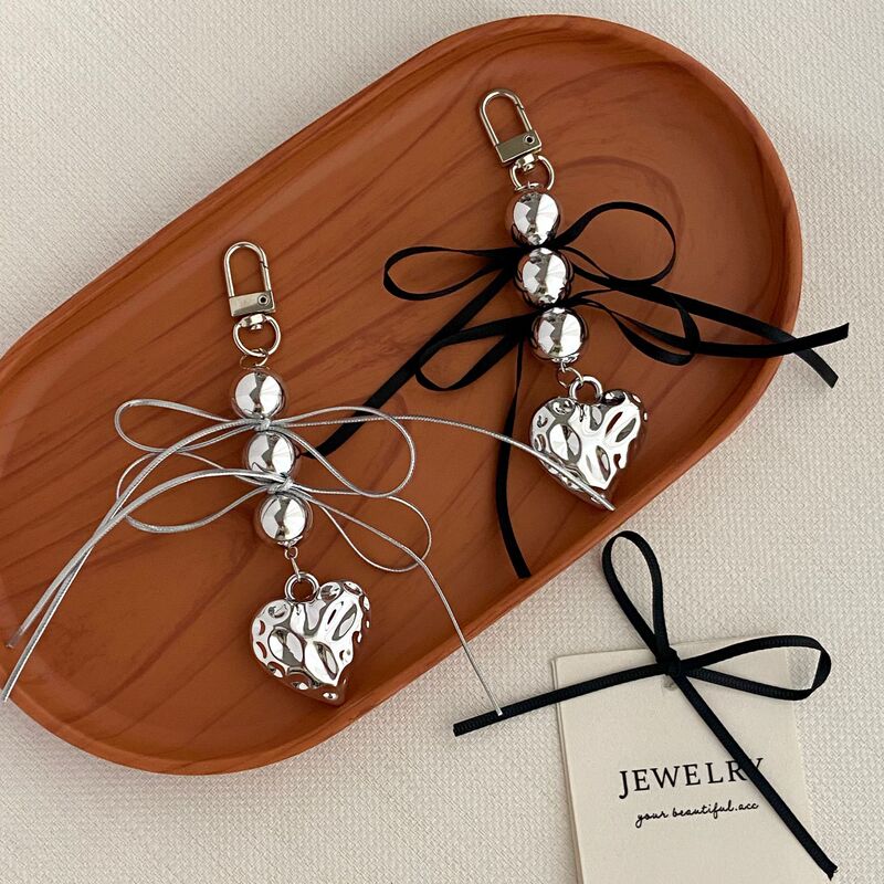 Ins Ribbon Love Beaded Pendant Pendant Bag Mobile Phone Decoration Hanging Heart-shaped Design Sense Keychain Accessories