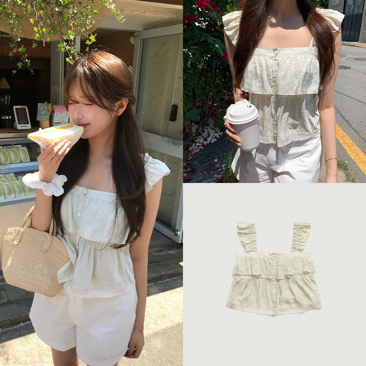 Fan Sun·Xh Korean Style Double-Layer Ruffle Sleeveless Shirt Dongdaemun Summer New Sweet Camisole Fan Sun·Xh Korean Style Double-Layer Ruffle Sleeveless Shirt Dongdaemun Summer New Sweet Camisole