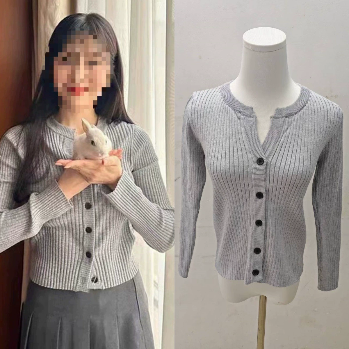 Серый узкий вязаный кардиган Park Soo-Young Star в одном стиле с круглым вырезом, базовый топ в полоску ранней осени с длинными рукавами