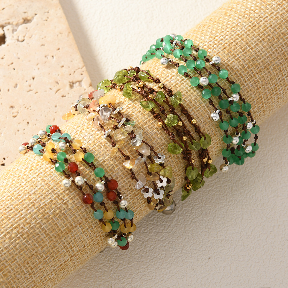 波西米亚风多层手工编织珠串手链泰国蜡线彩色宝石编织男女款手串