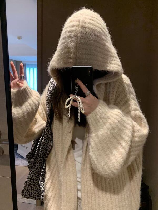 韩系软糯连帽毛衣开衫女2025秋冬新款宽松针织上衣复古外搭高级|undefined