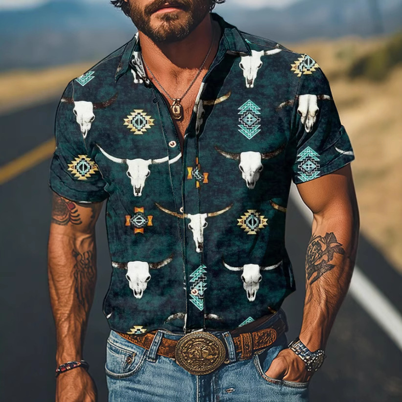Cross-Border Independent Station European and American Men's Tops Western Retro Summer Casual Four-Way Elastic Printed Short-Sleeved Men's Shirts