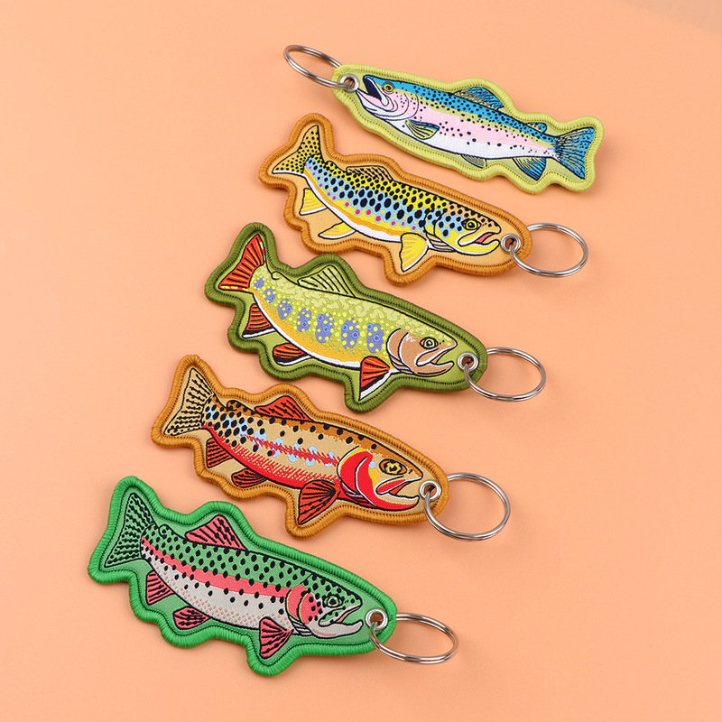 Cartoon Salmon Woven Label Keychain Outdoor Fishing Decoration Woven Art Keychain Salmon Outdoor Adventure Pendant
