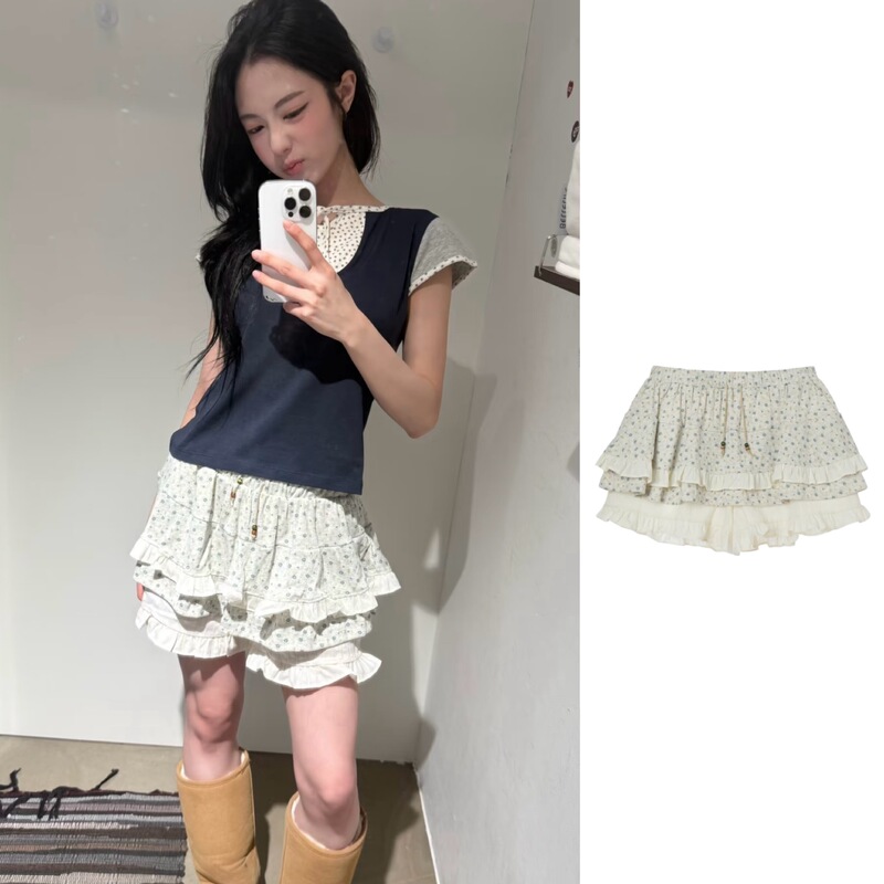Ae26Ss in Stock Korean Niche Designer Style Correct Version Floral Drawstring Short Cake Skirt Pants Ae26Ss in Stock Korean Niche Designer Style Correct Version Floral Drawstring Short Cake Skirt Pants