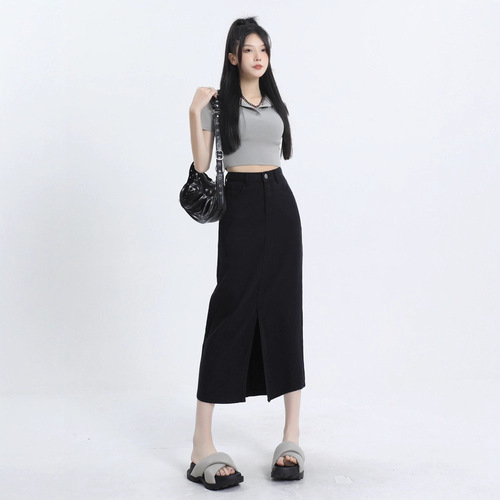 Small man with split front, high waist half-body denim dress, women's spring and autumn new style, light blue slimming bag, hip A-line middle and long skirt