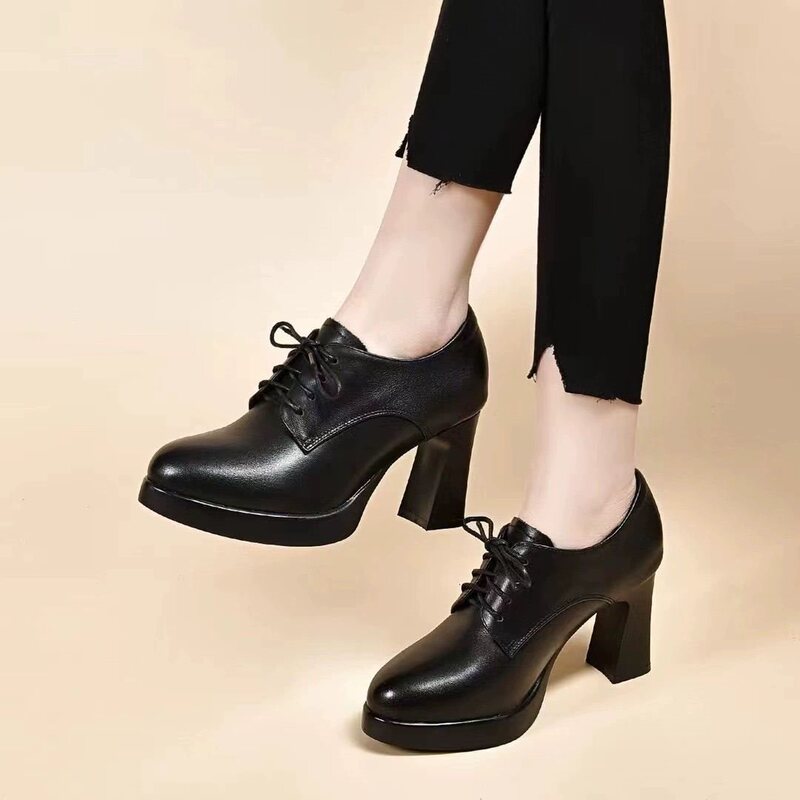 Trendy New Versatile Women's Shoes for Spring and Autumn, Round-Toe Chunky Heel Single Shoes, High-Heeled Waterproof Platform Deep-Cut Lace-Up Leather Shoes