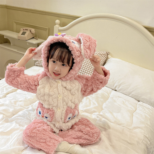 秋冬儿童法兰绒家居服韩系女童卡通珊瑚绒加厚睡衣套装保暖居家服