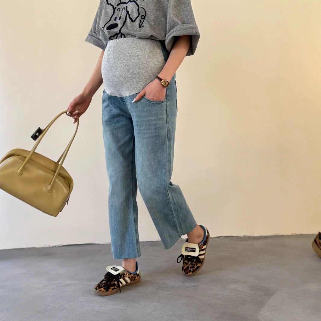 Гонконгский стиль ретро модные брюки для беременных с высокой талией, тонкая беременные джинсы, прямые повседневные укороченные брюки