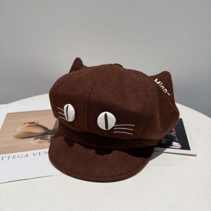 大眼睛猫咪耳朵八角帽子韩版秋冬户外遮阳保暖画家帽超萌贝雷帽|undefined