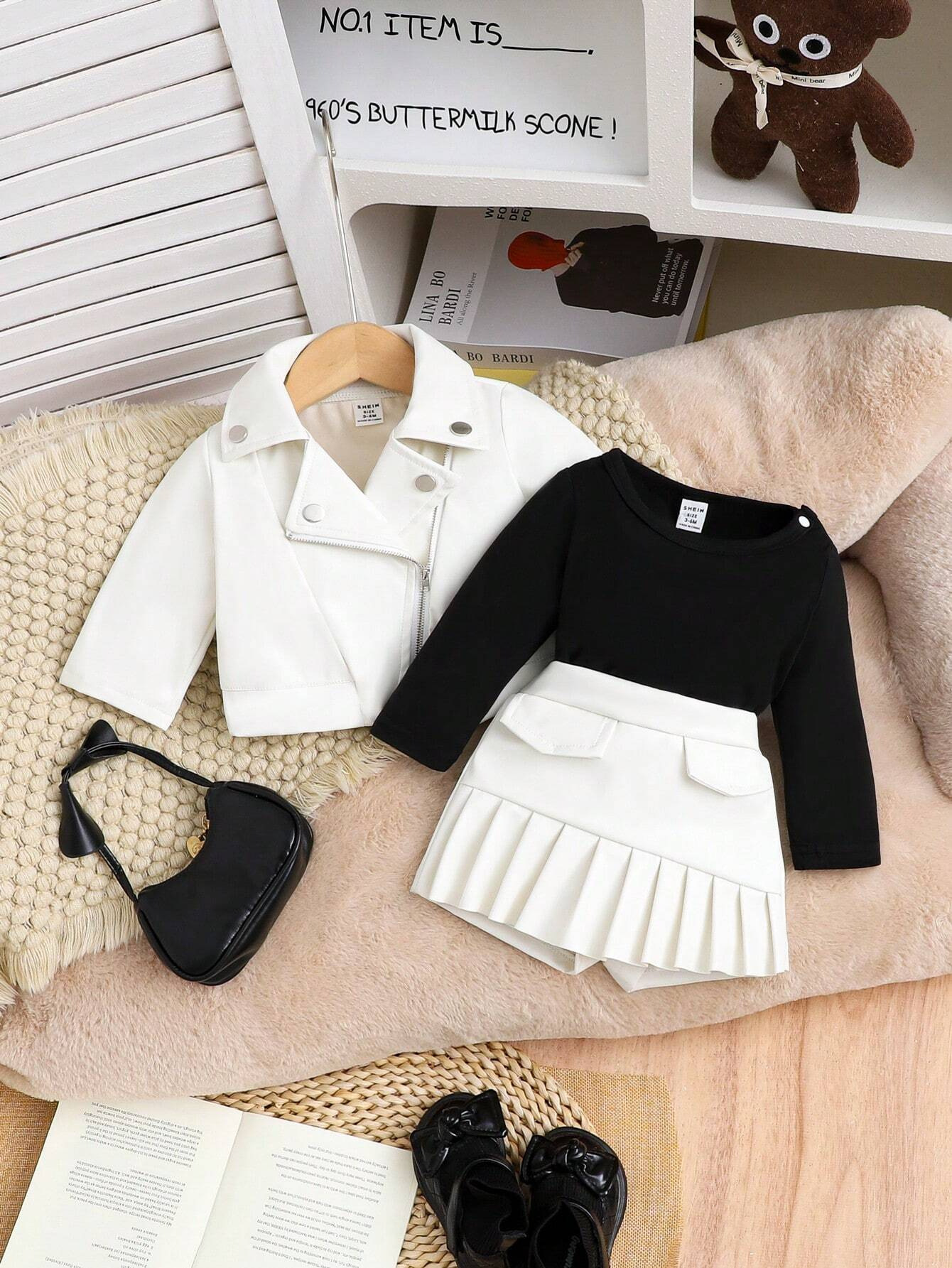 Dreiteiliges Set im koreanischen Stil für Mädchen, Herbst/Winter, hochwertige Motorradbekleidung aus PU-Leder mit Revers, Kleinkinderkleidung (3-7 Jahre)_voghion.com