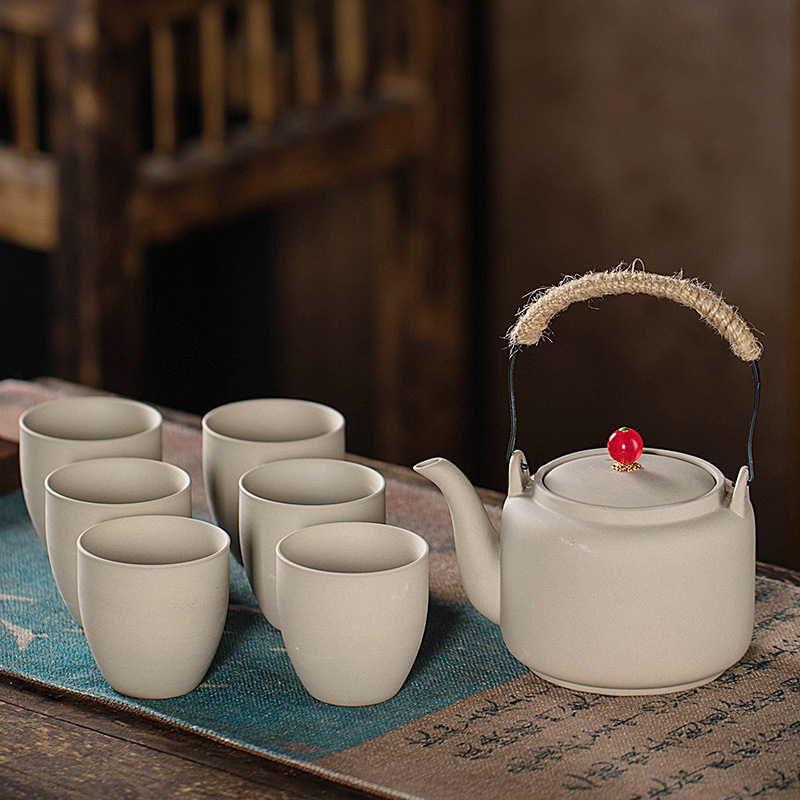 Juego de Té para Preparar con Carbón Vegetal, con Tetera de Cerámica Rústica Vintage, Tetera con Asa Lateral, Jarra, Estilo Chino para Exteriores y Hogar.