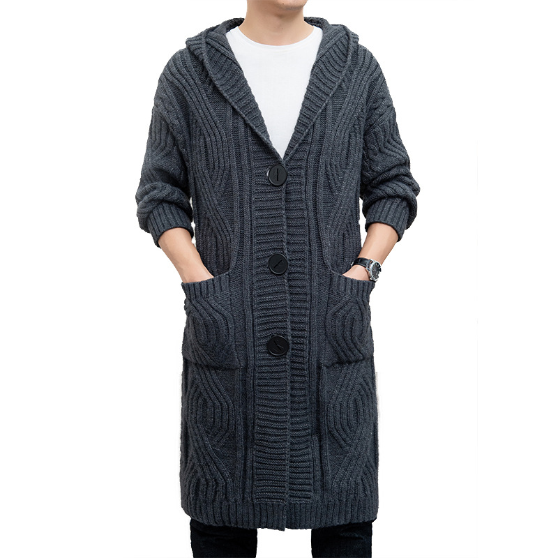 Suéter con capucha cardigan hombres de longitud media trenzado grueso suéter abrigo Primavera, Otoño e Invierno moda abrigo de los hombres de moda