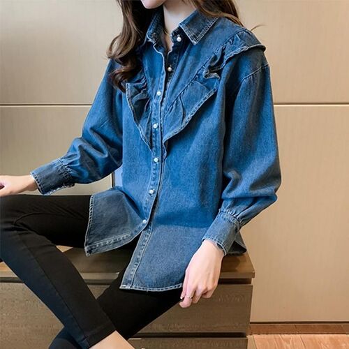Spring and Autumn Large Size Women's Korean Style Denim Long-Sleeve Shirt, Youthful and New Bottom Shirt Wardrobe Matching