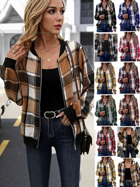 2025 Amazon New Cross-Border European and American Style Commuter Women's Plaid Zipper Baseball Jacket Autumn and Winter Jacket