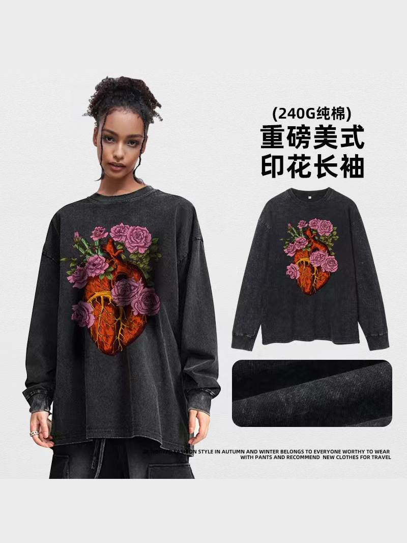 Camiseta de manga larga impresa de marca de alta calle oscura, camiseta para hombres, camiseta de base de pareja suelta de tamaño grande