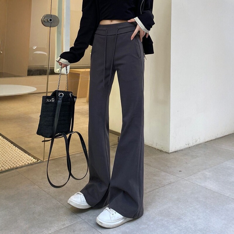 Gray Sweatpants for Women 2025 Autumn High-Waisted Petite Flared Wide-Leg Pants Loose Slimming Drawstring Flared Sweatpants