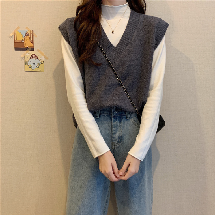 2023 otoño e invierno nuevo color sólido con cuello en V chaleco sin mangas chaleco abrigo suéter de las mujeres Chaleco de punto superior ins comercio exterior
