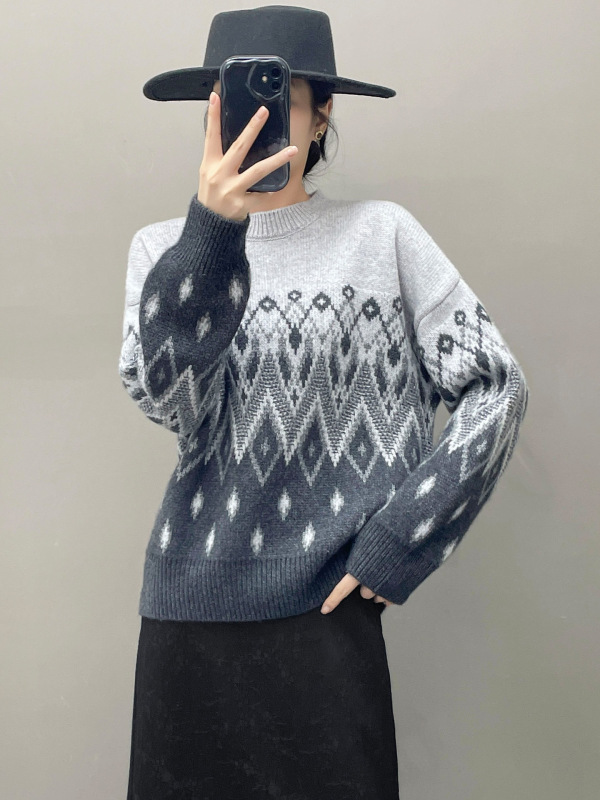 费尔岛圆领山羊绒女针织复古提花毛衣秋冬宽松显瘦羊毛针织衫上衣|undefined