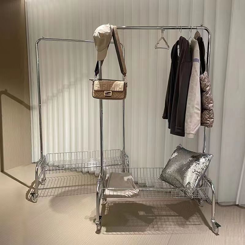 Floor-Standing Clothes Rack Mobile Multi-Functional Storage Rack Clothing Store Display Rack Internet Celebrity Bedroom Storage Rack with Basket