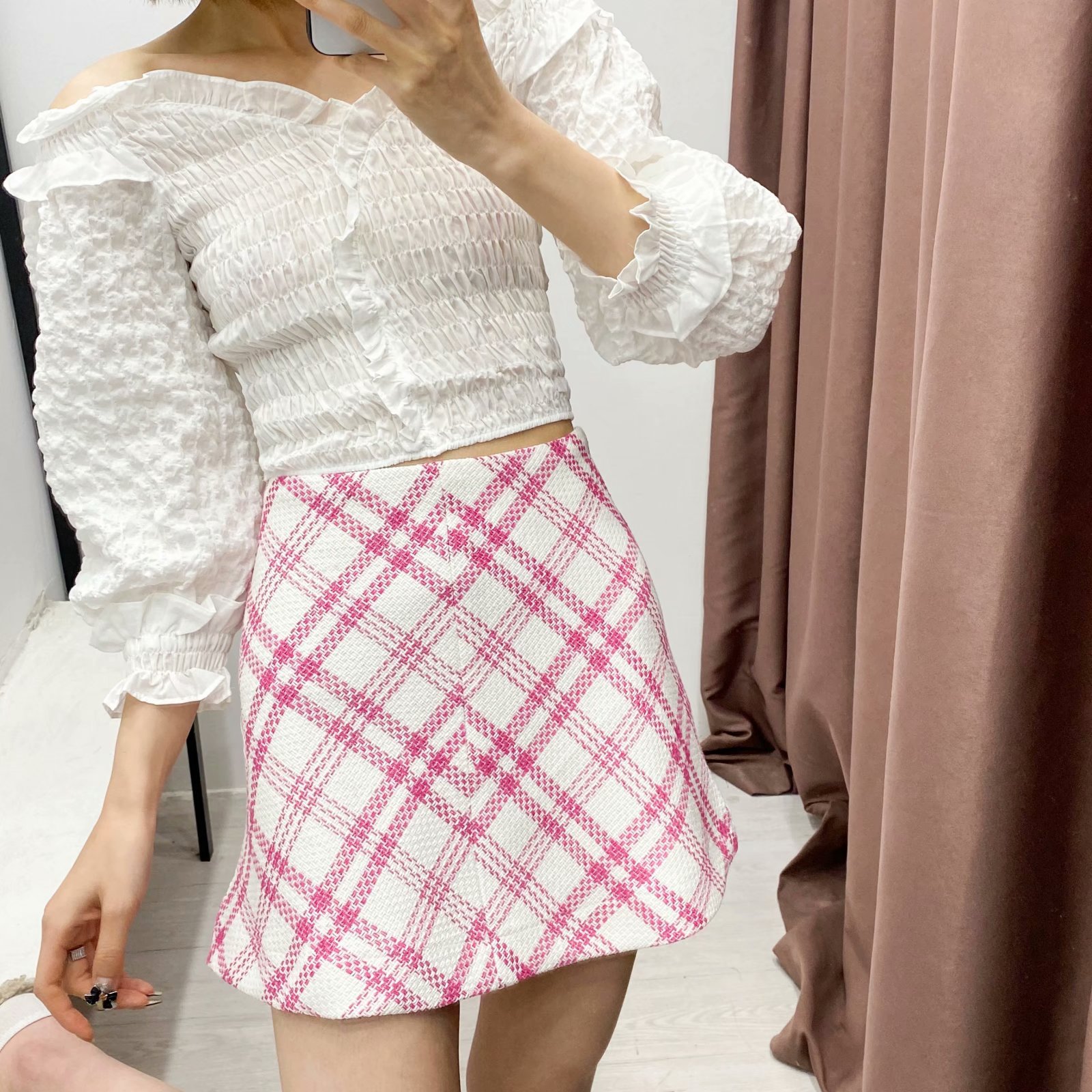 high-waist zipper plaid printed texture mini skirt NSAM54288