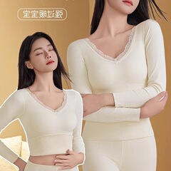 胸パッド付き女性用サーマル下着、ベルベットの厚みのあるトップス、女性用ドイツ製ベルベットの自己発熱秋冬ボトムシャツセット