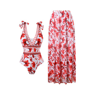 2025 Cross-border European and American Amazon New Printed Swimwear Women's Irregular Shoulder Strap Bohemian Vacation Swimwear