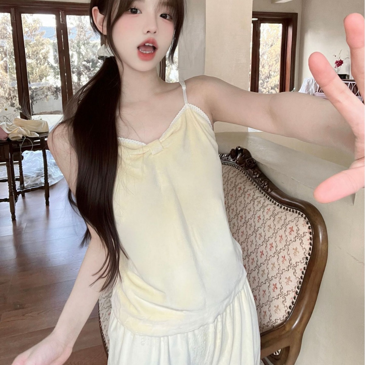 [섬 벨벳] 새 가을과 겨울 양각 나비 달콤한 귀여운 고급 긴소매 여성 잠옷 3 피스 카디건