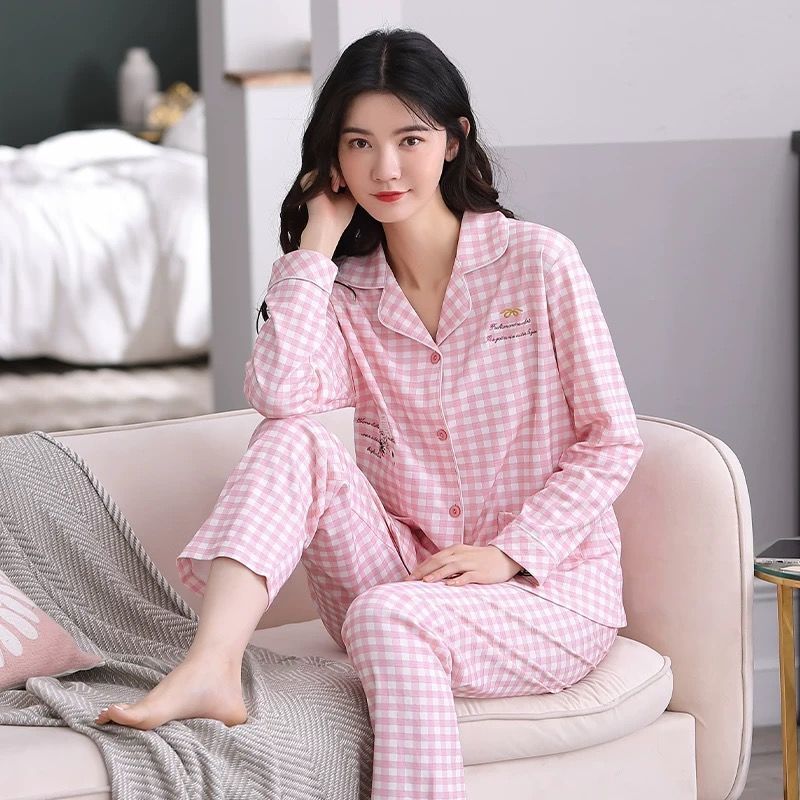 Pijamas de algodón para mujer Primavera y otoño de manga larga más tamaño cardigan traje de mediana edad mamá suelta ropa para el hogar verano