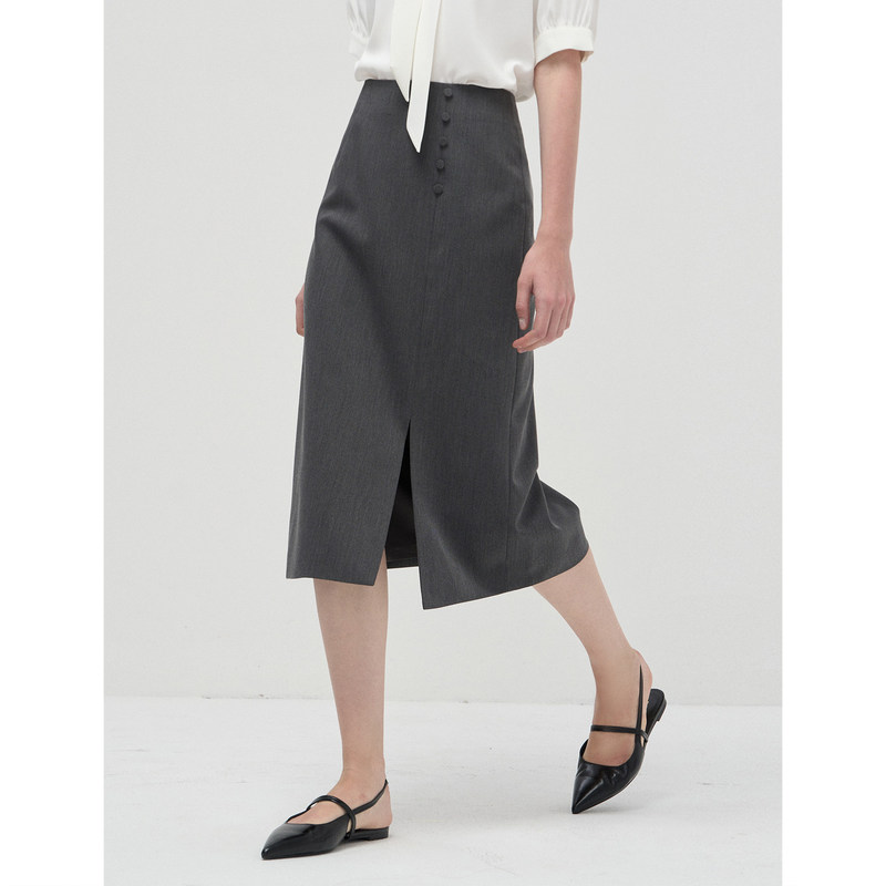 Pre-Sale Gray Professional Slim-Fit Mid-Length A-Line Skirt with Slit, Over-The-Knee Interview Skirt