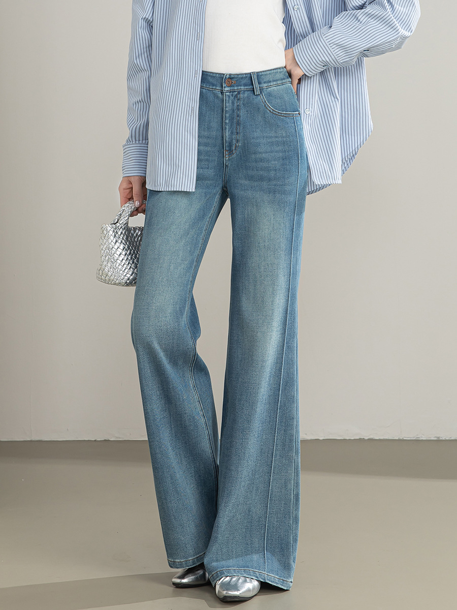 Quần jean nữ cạp cao ống rộng vải Tencel cotton co giãn 4 chiều dáng suông nhẹ — xanh lam