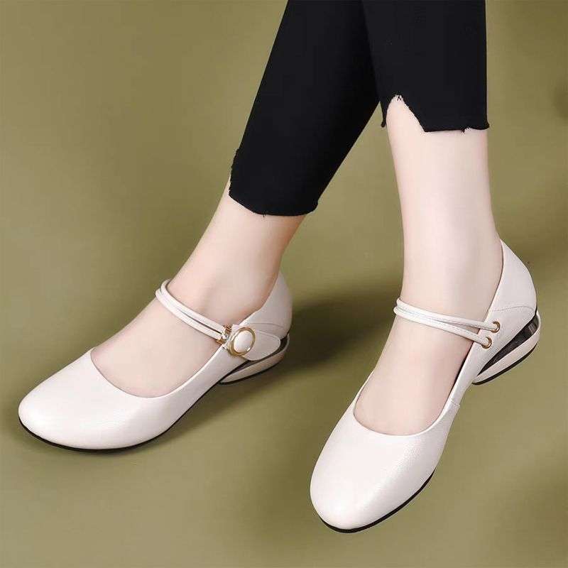 Real Soft Leather Low-Heeled Flats for Women, Round-Toe Comfortable Walking Shoes for Mothers, Soft-Soled Thick-Heeled Shallow-Mouthed Small Leather Shoes, Breathable Women's Shoes