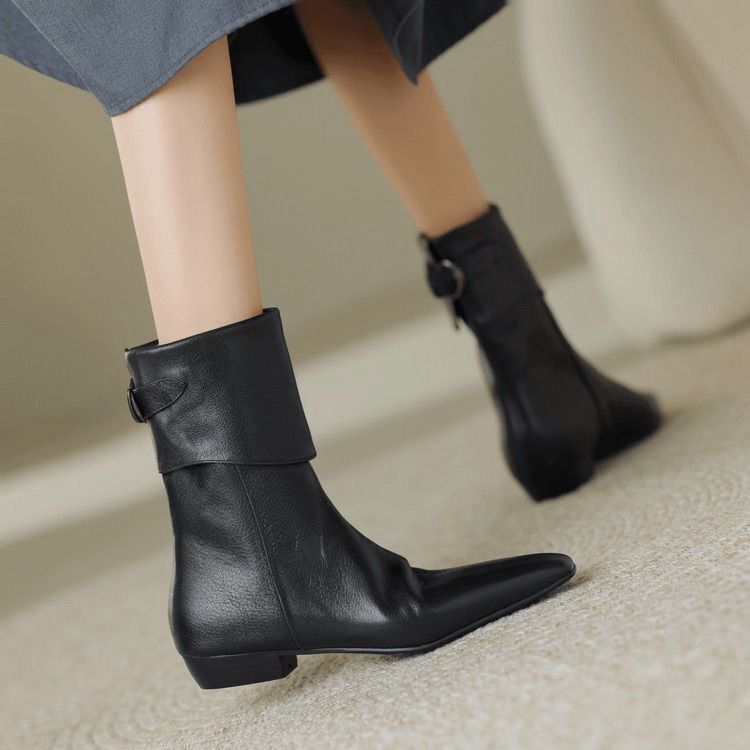 New Style Square-Toe Genuine Soft Leather High-End Short Boots, Autumn and Winter Mid-Calf Boots for Women, Flat Non-Slip Women's Boots, Low Heel, Thin Velvet