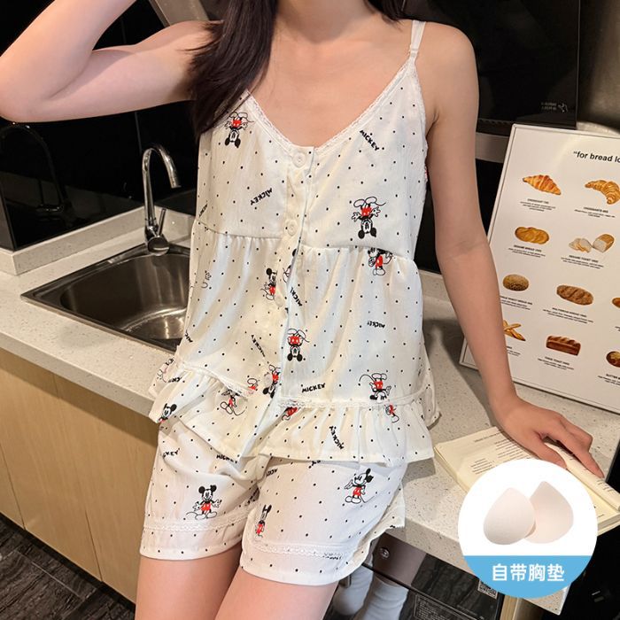 Venta al por mayor transfronteriza verano nuevo estilo cabestrillo cárdigan con almohadilla para el pecho pijama de algodón de nube desmontable traje de servicio a domicilio sexy para mujer