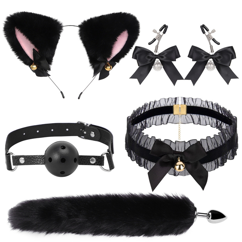 Sexy Fox Tail Three-piece Set Rear Anal Plug Collar Milk Clip Metal suit Adult Sex Supplies for Women