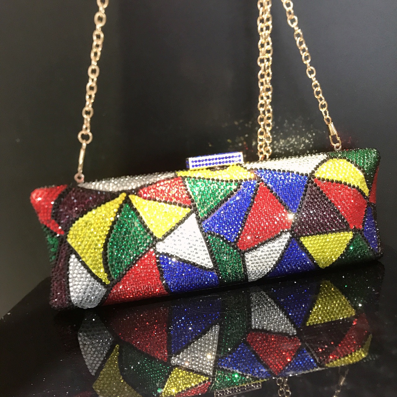 Túi clutch dạ hội hình tam giác kẻ sọc kim cương tương phản màu nóng — Màu đen chi tiết 6