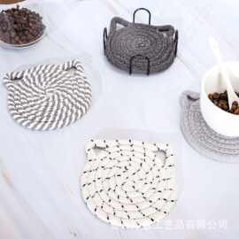 猫耳朵杯垫套装猫耳朵造型编织棉绳杯垫灰白色防滑吸水饮料杯垫