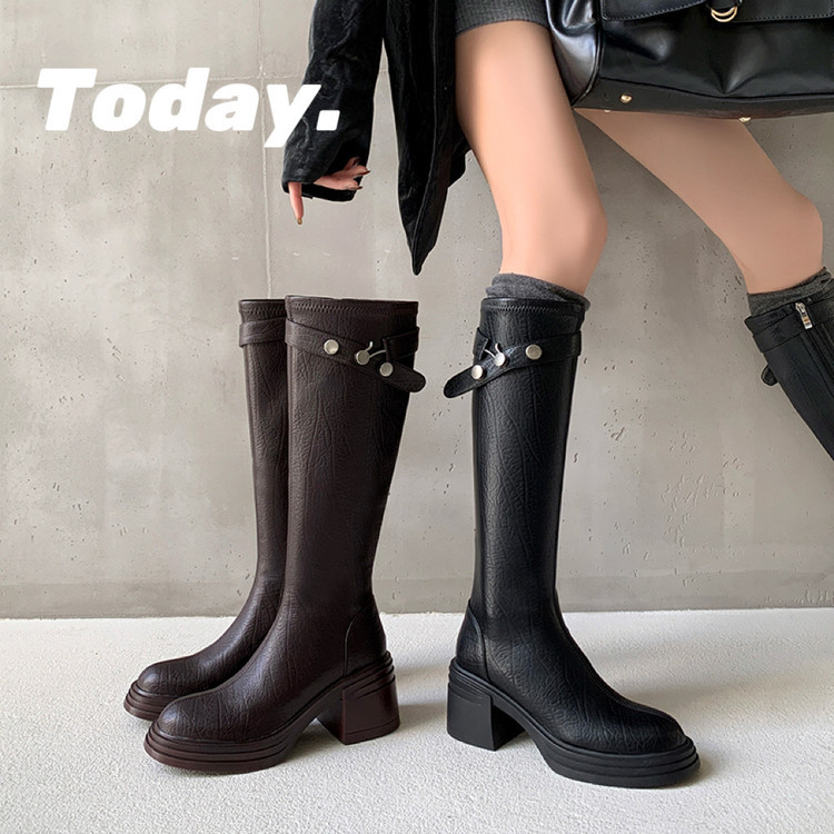 法式真皮高跟长筒靴女2025秋冬款小个子圆头百搭不过膝显瘦骑士靴