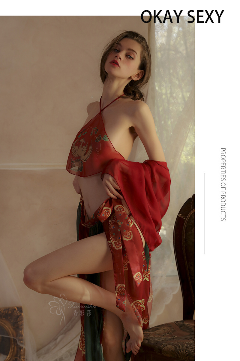 Sexy Hanfu Bellyband Nightgown Set with Shawl, Mesh Skirt and Thong — detail image 6