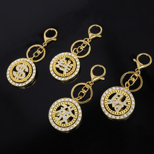 Guochao alloy Caifa Qian word car diamond keychain metal gift pendant rotating key chain ring wholesale
