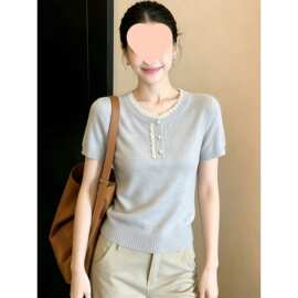 韩系穿搭蕾丝针织短袖女2026新款夏季漂亮薄款针织衫气质上衣