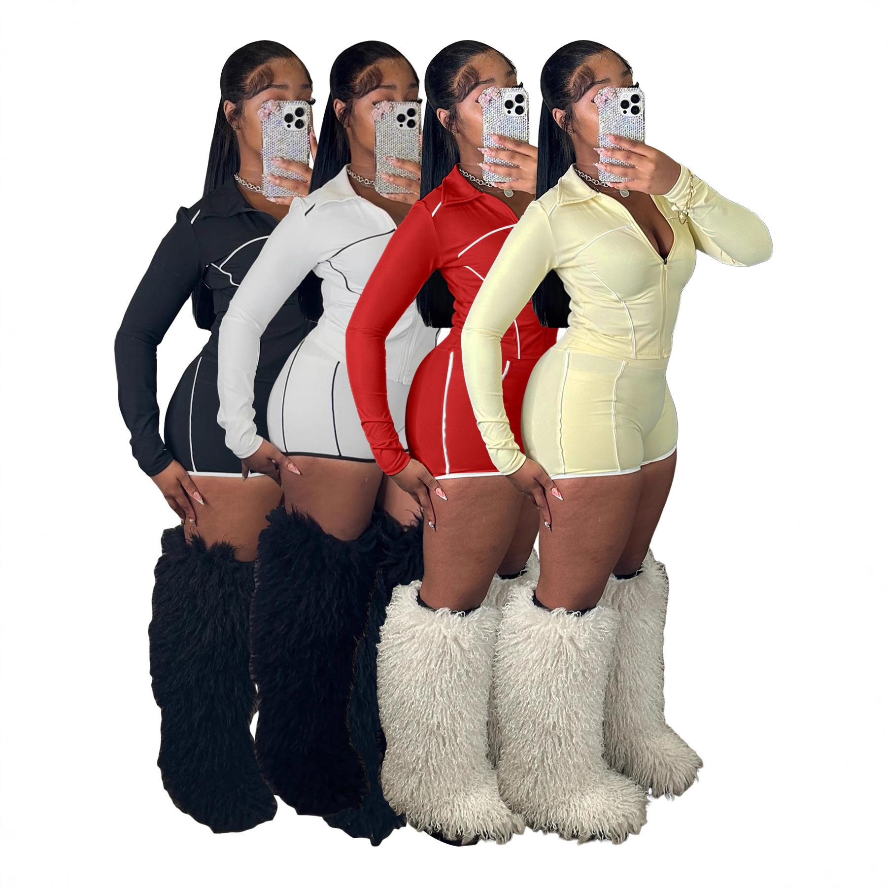 Hr25103 European and American Fashion Women's Slim-Fit Zipper Long-Sleeved Thumb Button Top Shorts Two-Piece Sports Suit