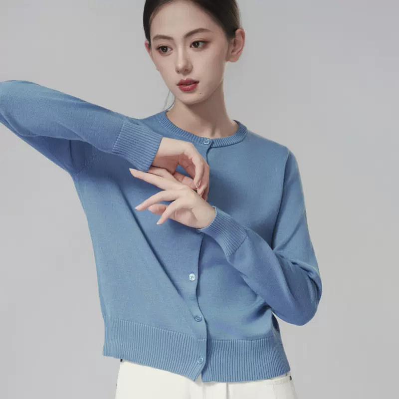 精梳棉混纺圆领针织开衫女2025秋冬新款通勤时尚内搭长袖毛衣外套