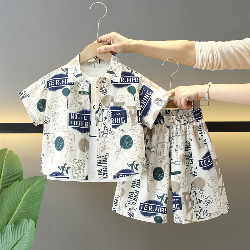 7867 Traje delgado de manga corta para niños, pantalones cortos de verano para niños, chaleco, camisa de bebé de tres piezas, ropa de verano