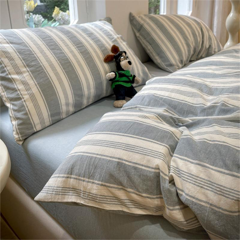 2024 new soft waxy skin-friendly cloud cotton non-printed style striped wash cotton three-piece set four-piece set 0.9 bed sheet three