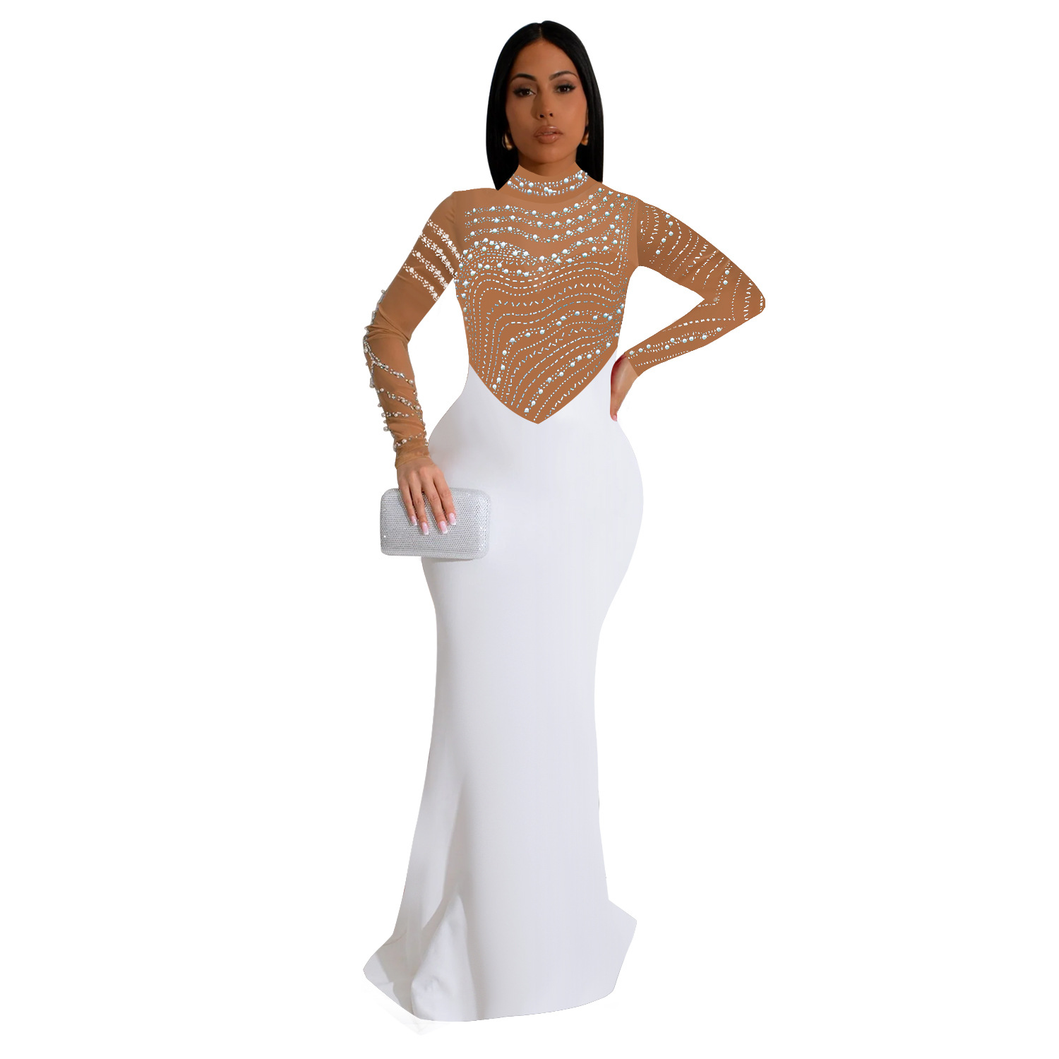 C7043 Aliexpress transfronterizo Amazon estación independiente de moda europea y americana ropa de mujer de color sólido vestido largo de diamante caliente nuevo