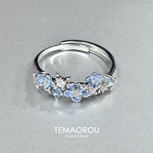 “星辰花戒”蓝色小繁花朵可调节银色戒指女甜美小众食指戒不掉色