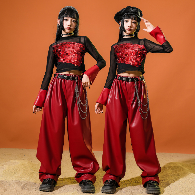爵士舞女童服裝露臍紅色亮片套裝時髦jazz兒童街舞潮服元旦演出服
