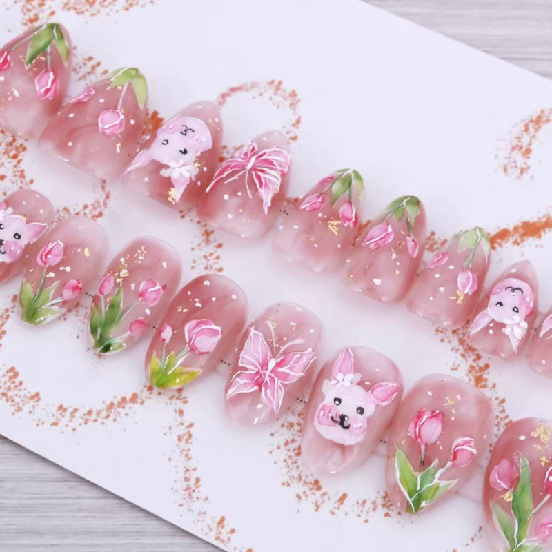 Spring and Summer Pink Gradient Easter Cute Bunny Tulip Design Wearable Nail Art Almond Nails