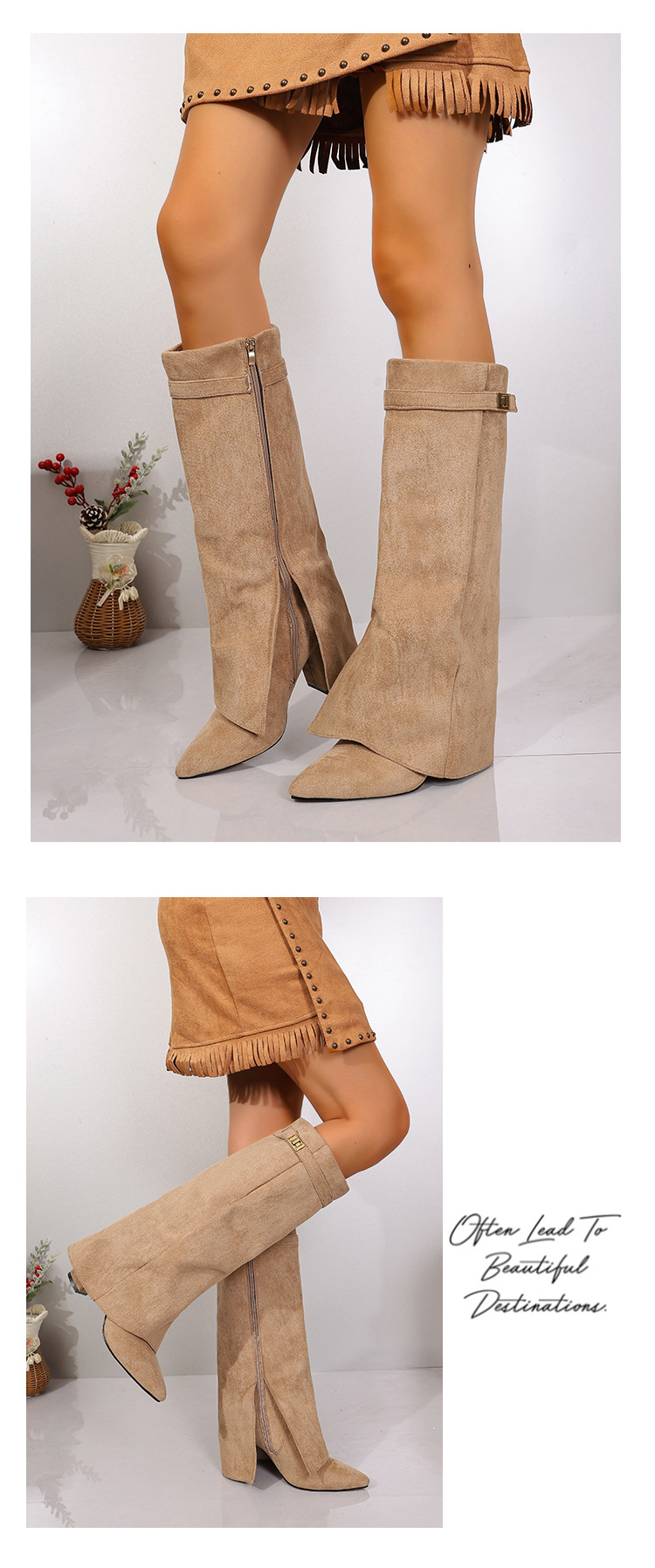 Women's Pointed Toe Suede Cowboy Boots With Side Zipper Style_voghion.com
